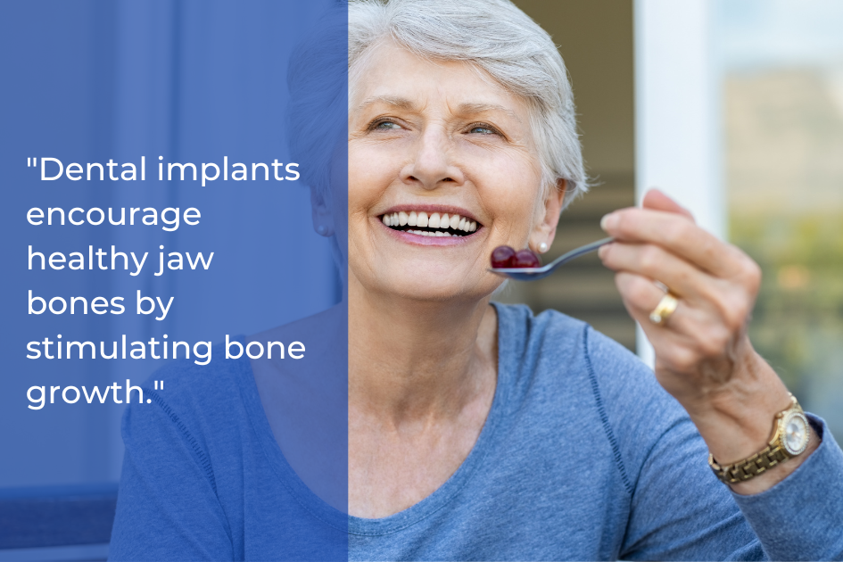 Older woman smiling and eating with a spoon, next to a quote about how implant dentures in Waco support healthy jaw bones by stimulating bone growth.