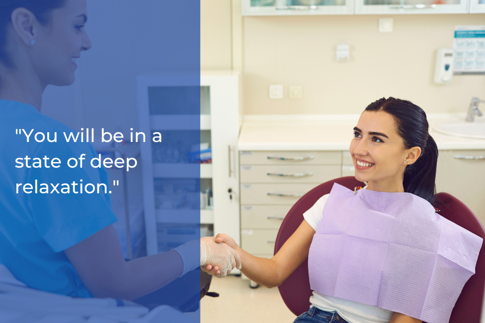 A Waco sedation dentist shakes hands with a smiling patient in a dental clinic; a quote on the image reads, "You will be in a state of deep relaxation.