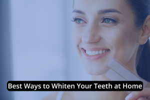 A woman smiling and holding a whitening strip, with the text "Best Ways to Whiten Teeth at Home" overlaid at the bottom—perfect for anyone interested in easy home teeth whitening solutions.