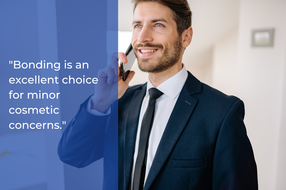 A man in a suit smiles while talking on a smartphone indoors. A text quote about using dental bonding to restore your smile or fix chipped teeth is displayed on a blue overlay to the left.