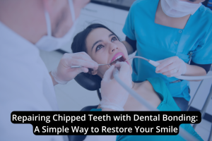 Dentists perform a dental bonding procedure on a woman lying in a dental chair, with overlay text about how dental bonding can restore your smile and repair chipped teeth.