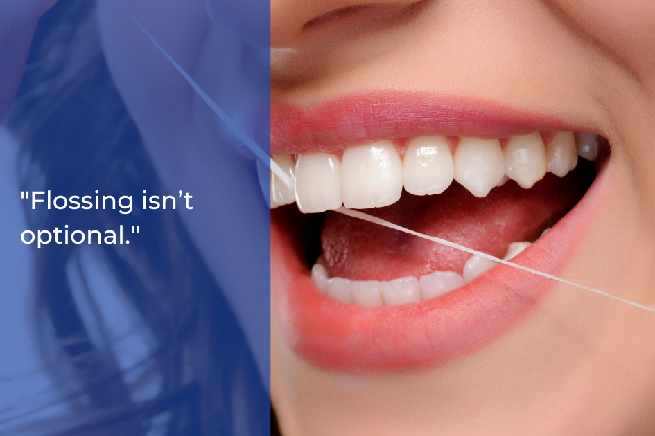 Close-up of a person’s mouth with dental floss between their teeth and the text "Flossing isn’t optional" on a blue overlay—adults dental tips in Waco TX to help prevent cavities.
